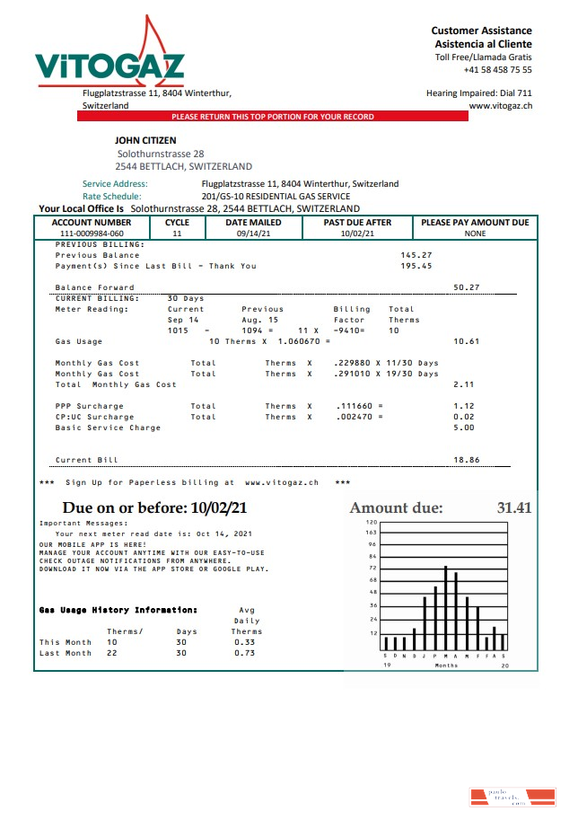 Switzerland Vitogaz Switzerland AG utility bill template, fully editable in Word and PDF format